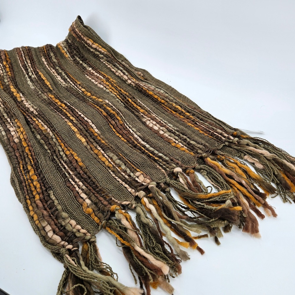 Boho Earth‎ Tone Striped Knit Scarf Chunky Roving Accents Fringe Earthy Goblin